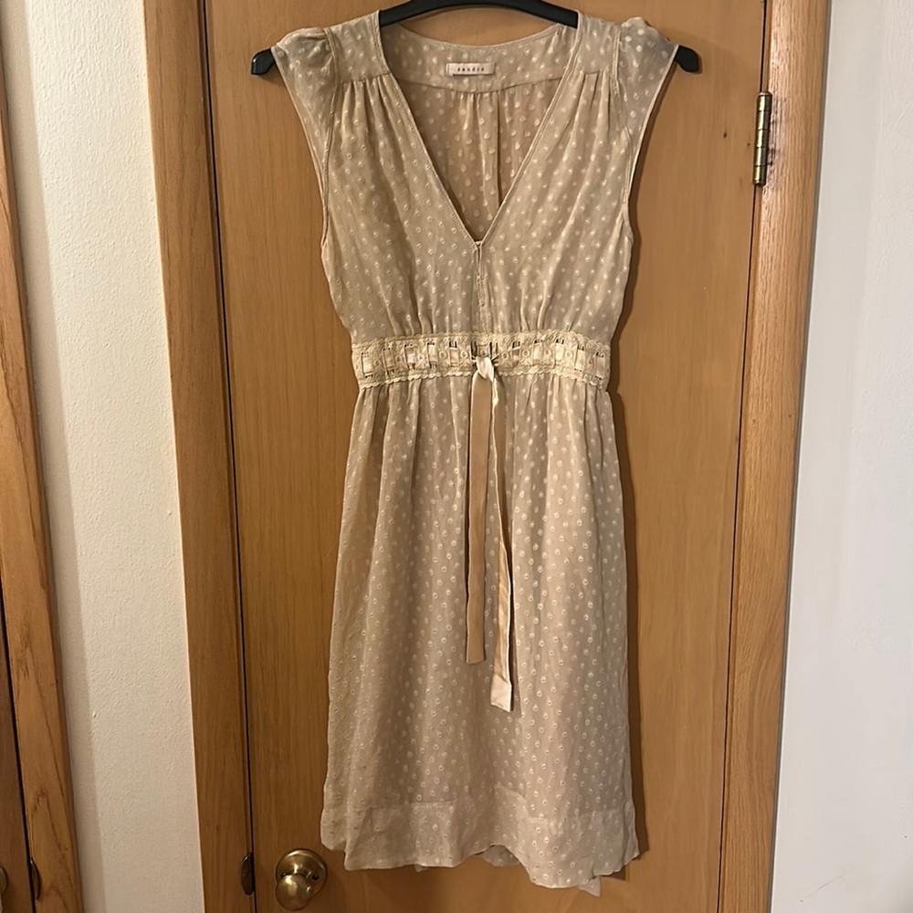Sandro Women’s Polka Dot Silk Delicate Lightweight Dress Tan Size Small - Picture 1 of 11